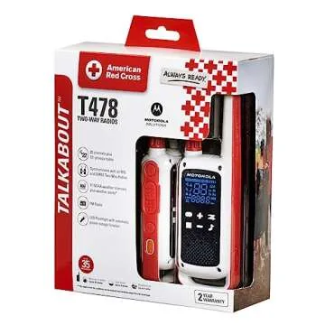 Motorola Solutions, Portable FRS, T478, Talkabout, Two-Way Radios, Red Cross, Emergency Preparedness, Rechargeable, W/Charging Dock, 22 Channel, 35 Mile, White, 2 Pack