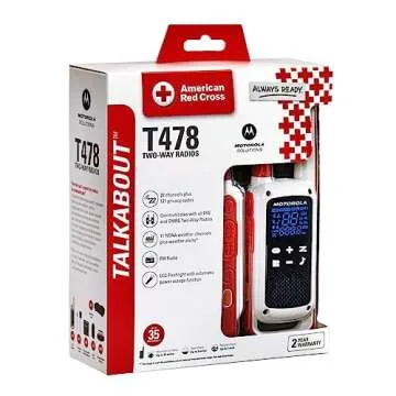 Motorola Solutions, Portable FRS, T478, Talkabout, Two-Way Radios, Red Cross, Emergency Preparedness, Rechargeable, W/Charging Dock, 22 Channel, 35 Mile, White, 2 Pack