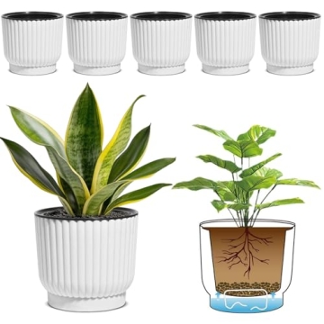 Stylish T4U Self-Watering Pots for Indoor Plants - Set of 6 White Flower Pots