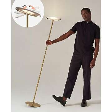 Brightech Sky LED Floor lamp for Living Rooms & Offices -Torchiere Super Bright , Dimmable, Tall Standing Lamp for Bedroom Reading - Gold Brass