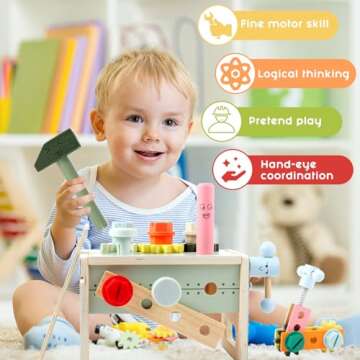 Asweets Kids Tool Set, Wooden Toddler Tool Bench with Box, Montessori STEM Educational Pretend Play Construction Toys, Birthday Gift for 3, 4, 5, and 6 Year Old Boys and Girls, 32 Pcs (Green)