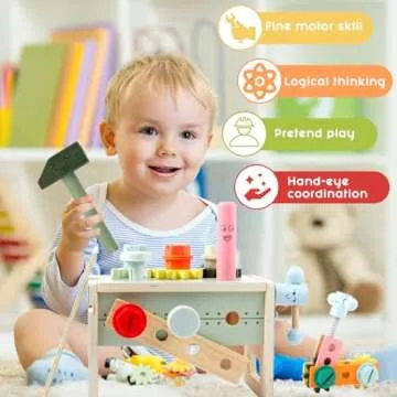 Asweets Kids Tool Set, Wooden Toddler Tool Bench with Box, Montessori STEM Educational Pretend Play Construction Toys, Birthday Gift for 3, 4, 5, and 6 Year Old Boys and Girls, 32 Pcs (Green)