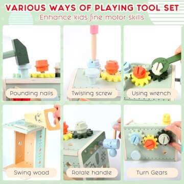 Asweets Kids Tool Set, Wooden Toddler Tool Bench with Box, Montessori STEM Educational Pretend Play Construction Toys, Birthday Gift for 3, 4, 5, and 6 Year Old Boys and Girls, 32 Pcs (Green)