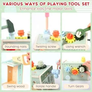 Asweets Kids Tool Set, Wooden Toddler Tool Bench with Box, Montessori STEM Educational Pretend Play Construction Toys, Birthday Gift for 3, 4, 5, and 6 Year Old Boys and Girls, 32 Pcs (Green)