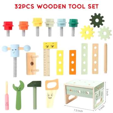 Asweets Kids Tool Set, Wooden Toddler Tool Bench with Box, Montessori STEM Educational Pretend Play Construction Toys, Birthday Gift for 3, 4, 5, and 6 Year Old Boys and Girls, 32 Pcs (Green)