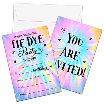 Foosproea Tie Dye Birthday Invitations with Envelopes - Fun 4" x 6" Fill-in Cards for Colorful Celeb...
