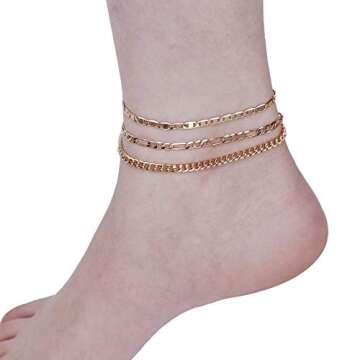 Jstyle 3Pcs Gold Anklet for Women Figaro/Herringbone/Cuban/Paperclip Link Chain Ankle Bracelet Adjustable Beach Foot Jewelry D