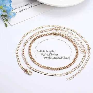 Jstyle 3Pcs Gold Anklet for Women Figaro/Herringbone/Cuban/Paperclip Link Chain Ankle Bracelet Adjustable Beach Foot Jewelry D
