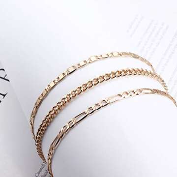 Jstyle 3Pcs Gold Anklet for Women Figaro/Herringbone/Cuban/Paperclip Link Chain Ankle Bracelet Adjustable Beach Foot Jewelry D
