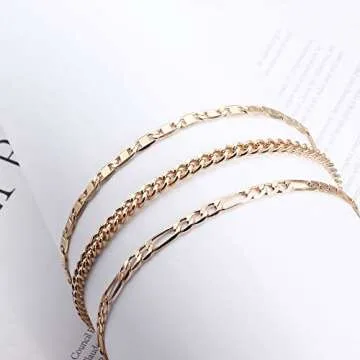 Jstyle 3Pcs Gold Anklet for Women Figaro/Herringbone/Cuban/Paperclip Link Chain Ankle Bracelet Adjustable Beach Foot Jewelry D