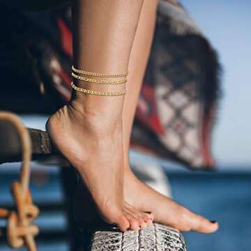 Jstyle 3Pcs Gold Anklet for Women Figaro/Herringbone/Cuban/Paperclip Link Chain Ankle Bracelet Adjustable Beach Foot Jewelry D