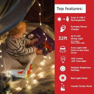 LuminAID Solar String Light with Phone Charger - Versatile 32 ft Tent Lights for Camping, Outdoor, B...