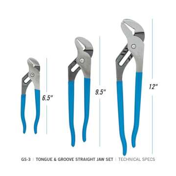 Channellock 3pc Straight Jaw Groove Joint Pliers Set - 12", 9.5", 6.5" | Laser Heat-Treated Teeth | ...
