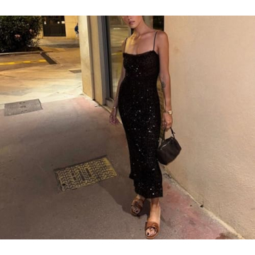 QNI Sexy Sequin Spaghetti Strap Dress for Women