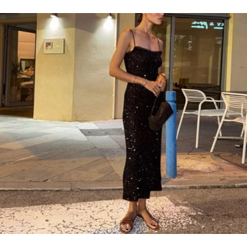 QNI Sexy Sequin Spaghetti Strap Dress for Women