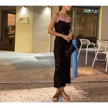 QNI Sexy Sequin Spaghetti Strap Dress for Women