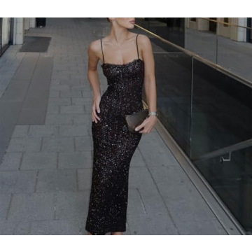 QNI Sexy Sequin Spaghetti Strap Dress for Women