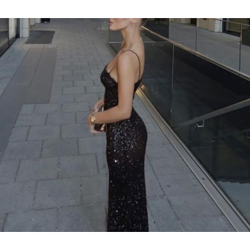 QNI Sexy Sequin Spaghetti Strap Dress for Women