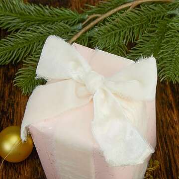 Keypan Ivory Velvet Ribbon for Gift Wrapping - 1 1/2 inch Wide Handmade Fringe Fabric Ribbons for Christmas Decorations, Baby Shower, Flower Bouquet