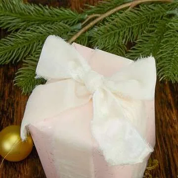 Keypan Ivory Velvet Ribbon for Gift Wrapping - 1 1/2 inch Wide Handmade Fringe Fabric Ribbons for Christmas Decorations, Baby Shower, Flower Bouquet