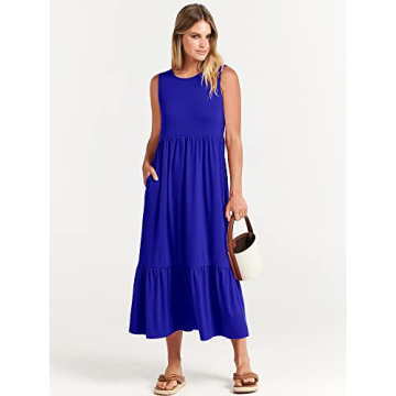 ANRABESS Women Summer Casual Sleeveless Crewneck Sundress Aline Flowy Tiered Maxi Long Beach Dress Vacation Outfits Small Blue