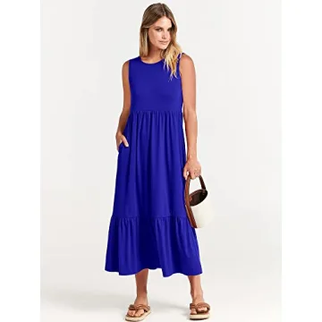 ANRABESS Women Summer Casual Sleeveless Crewneck Sundress Aline Flowy Tiered Maxi Long Beach Dress Vacation Outfits Small Blue