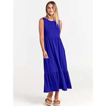ANRABESS Women Summer Casual Sleeveless Crewneck Sundress Aline Flowy Tiered Maxi Long Beach Dress Vacation Outfits Small Blue