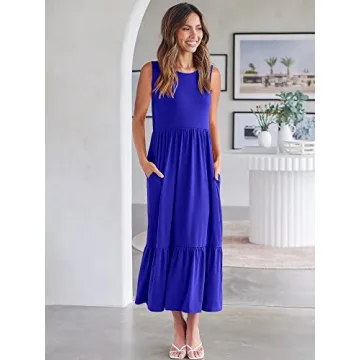 ANRABESS Women Summer Casual Sleeveless Crewneck Sundress Aline Flowy Tiered Maxi Long Beach Dress Vacation Outfits Small Blue
