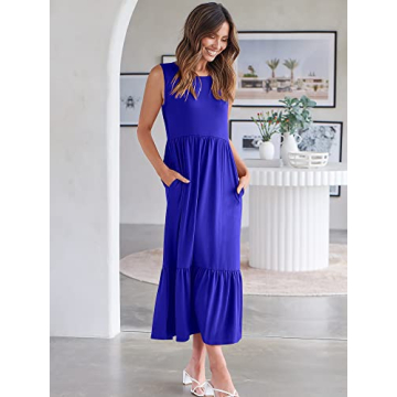 ANRABESS Women Summer Casual Sleeveless Crewneck Sundress Aline Flowy Tiered Maxi Long Beach Dress Vacation Outfits Small Blue
