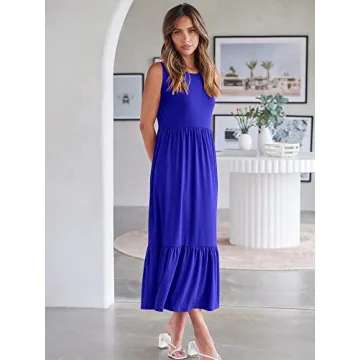 ANRABESS Women Summer Casual Sleeveless Crewneck Sundress Aline Flowy Tiered Maxi Long Beach Dress Vacation Outfits Small Blue