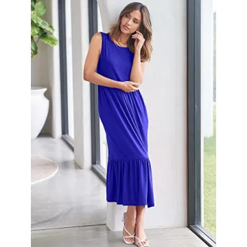 ANRABESS Women Summer Casual Sleeveless Crewneck Sundress Aline Flowy Tiered Maxi Long Beach Dress Vacation Outfits Small Blue