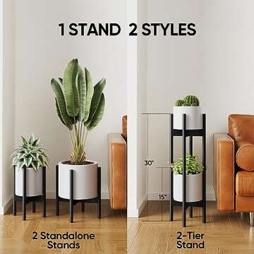 2 Pack Mid Century Modern Plant Stands, Adjustable Width 8 to 12 inches, Indoor Bamboo Plant Stand with 2 Tier Use Method (Pot & Plant Not Included) (Black)