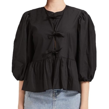 Tie Front Tops Women Y2k Leopard Print Peplum Babydoll Top 3/4 Length Puff Sleeve Coquette Tops Cute...