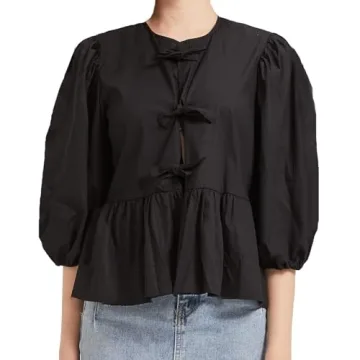 Stylish Tie Front Tops for WomenY2k Leopard Print Peplum Babydoll Top with Puff Sleeves