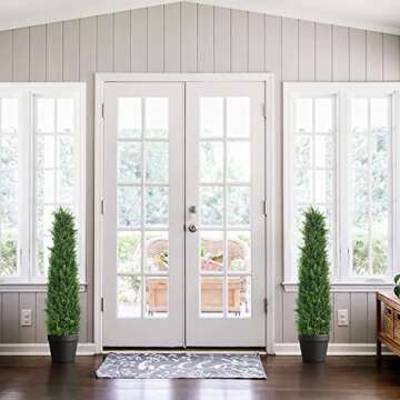 Horjamy 3 Foot Artificial Cedar Topiary Trees in Plastic Pot for Indoor and Outdoor Porch Décor Uv Rated Potted Plants for Home Decorations (2 Pack)