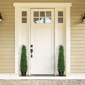 Horjamy 3 Foot Artificial Cedar Topiary Trees in Plastic Pot for Indoor and Outdoor Porch Décor Uv Rated Potted Plants for Home Decorations (2 Pack)