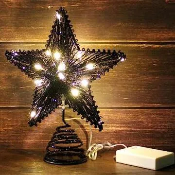 CVHOMEDECO. Tree Top Star with Warm White LED Lights and Timer for Christmas Ornaments and Holiday Seasonal Décor, 8-Inch (Black)