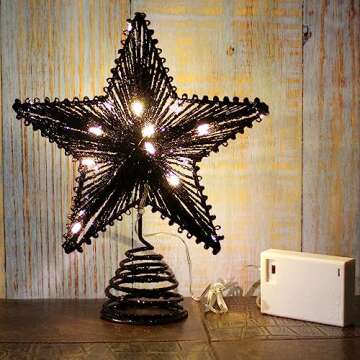 CVHOMEDECO. Tree Top Star with Warm White LED Lights and Timer for Christmas Ornaments and Holiday Seasonal Décor, 8-Inch (Black)