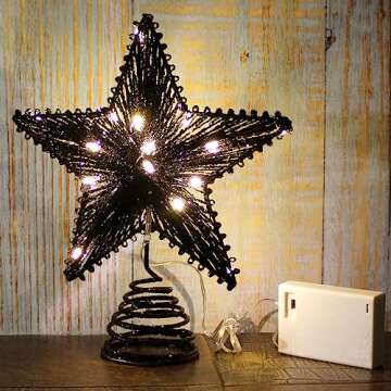 CVHOMEDECO. Tree Top Star with Warm White LED Lights and Timer for Christmas Ornaments and Holiday Seasonal Décor, 8-Inch (Black)