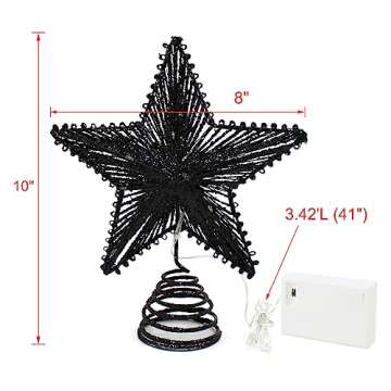 CVHOMEDECO. Tree Top Star with Warm White LED Lights and Timer for Christmas Ornaments and Holiday Seasonal Décor, 8-Inch (Black)