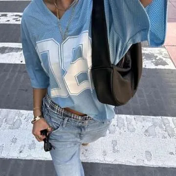 Hesaco Womens Graphic Tees - Oversized Jersey Summer Top Jersey Top Coquette Clothes Y2k Streetwear Short Sleeve Shirts (Blue,S,Small)