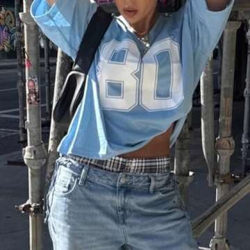 Hesaco Womens Graphic Tees - Oversized Jersey Summer Top Jersey Top Coquette Clothes Y2k Streetwear Short Sleeve Shirts (Blue,S,Small)