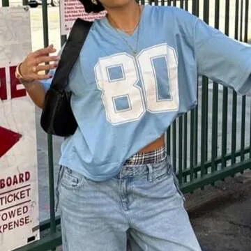 Hesaco Womens Graphic Tees - Oversized Jersey Summer Top Jersey Top Coquette Clothes Y2k Streetwear Short Sleeve Shirts (Blue,S,Small)