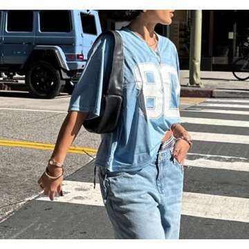 Hesaco Womens Graphic Tees - Oversized Jersey Summer Top Jersey Top Coquette Clothes Y2k Streetwear Short Sleeve Shirts (Blue,S,Small)