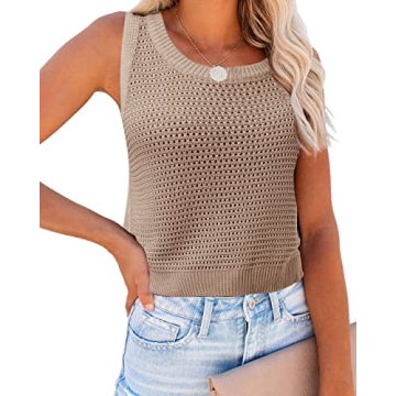 FISACE Womens Summer Crochet Knit Sweater Tank Tops Round Neck Hollow Out Sleeveless Casual Crop Shi...