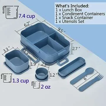 Versatile 2045ml Bento Box, Kids/Adults Wheat Straw Fiber Lunch Box, Leak-Proof 5 Compartment Lunch Container with Utensil Set, BPA Free Bento Lunch Box for School, Work, Picnic -Blue