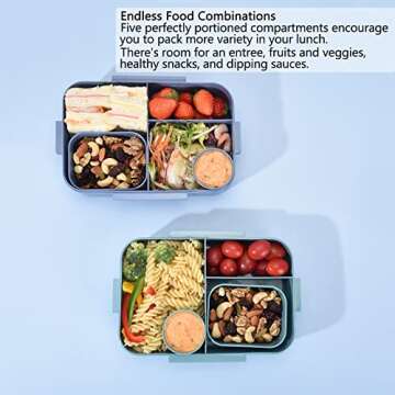 Versatile 2045ml Bento Box, Kids/Adults Wheat Straw Fiber Lunch Box, Leak-Proof 5 Compartment Lunch Container with Utensil Set, BPA Free Bento Lunch Box for School, Work, Picnic -Blue