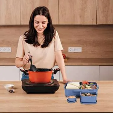 Versatile 2045ml Bento Box, Kids/Adults Wheat Straw Fiber Lunch Box, Leak-Proof 5 Compartment Lunch Container with Utensil Set, BPA Free Bento Lunch Box for School, Work, Picnic -Blue