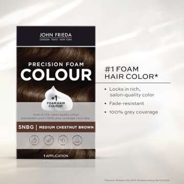 John Frieda Precision Foam Colour, Medium Chestnut Brown 5NBG, Full-coverage Hair Color Kit, Anti-Fade Gray Coverage, Deep Color Saturation Hair Dye, 1 Application