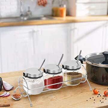 onlyfire Condiment Jar Spice Container with Lids, Stainless Steel Serving Spoons, Base Rack and Labels - Glass Seasoning Bottles Kitchen Accessories | Set of 3